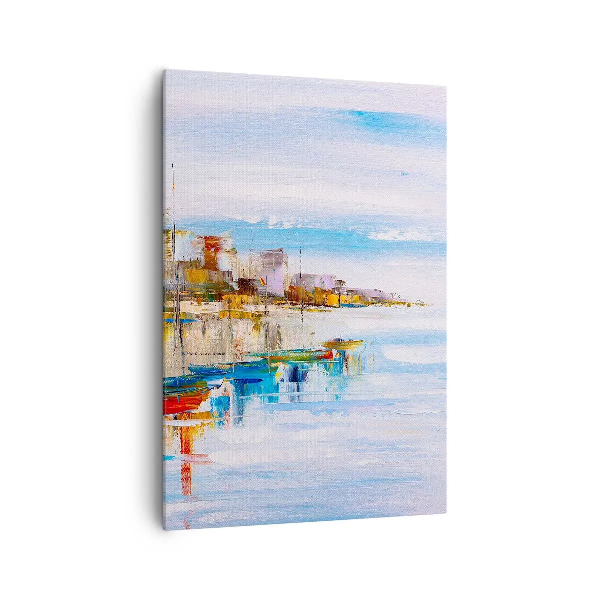 Cuadro sobre lienzo - Impresión de Imagen - Barcos coloridos en la orilla con vistas al horizonte de la ciudad - 70x100cm - Puerto urbano multicolor - Decoración de pared moderna para salón y dormitorio ARTTOR