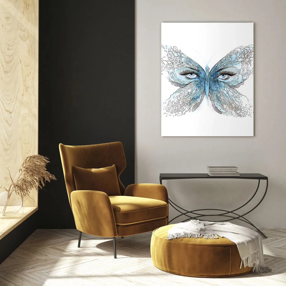 Cuadro sobre vidrio - Impresiones sobre Vidrio - Una mariposa con alas azules y ojos humanos en un estilo artístico. - 50x70cm - Mirada de mariposa - Decoración de pared moderna para salón y dormitorio ARTTOR