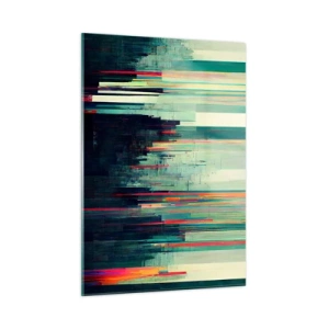Cuadro sobre vidrio - Impresiones sobre Vidrio - Las líneas de colores verticales forman el contorno de una metrópolis futurista. - 50x70cm - Ciudad futurista - Decoración de pared moderna para salón y dormitorio ARTTOR