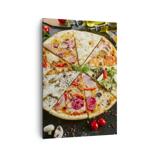 Cuadro sobre lienzo - Impresión de Imagen - Pizza en varios sabores con fondo de ingredientes. - 70x100cm - Una gama de gustos - Decoración de pared moderna para salón y dormitorio ARTTOR