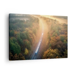 Cuadro sobre lienzo - Impresión de Imagen - Un tren en un bosque otoñal al amanecer. - 70x50cm - Un viaje otoñal - Decoración de pared moderna para salón y dormitorio ARTTOR