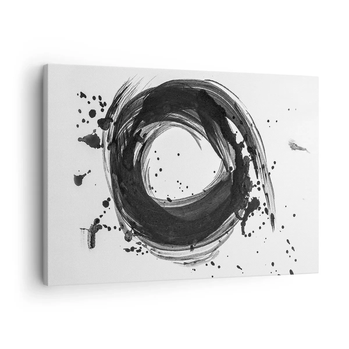 Cuadro sobre lienzo - Impresión de Imagen - Abstracción negra en forma de círculo sobre fondo blanco. - 70x50cm - El torbellino de la creación - Decoración de pared moderna para salón y dormitorio ARTTOR