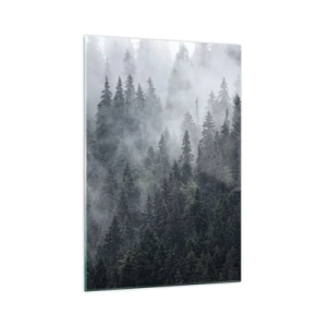 Cuadro sobre vidrio - Impresiones sobre Vidrio - Bosque de coníferas brumoso en tonos grises y verdes. - 70x100cm - Amanecer en el bosque - Decoración de pared moderna para salón y dormitorio ARTTOR