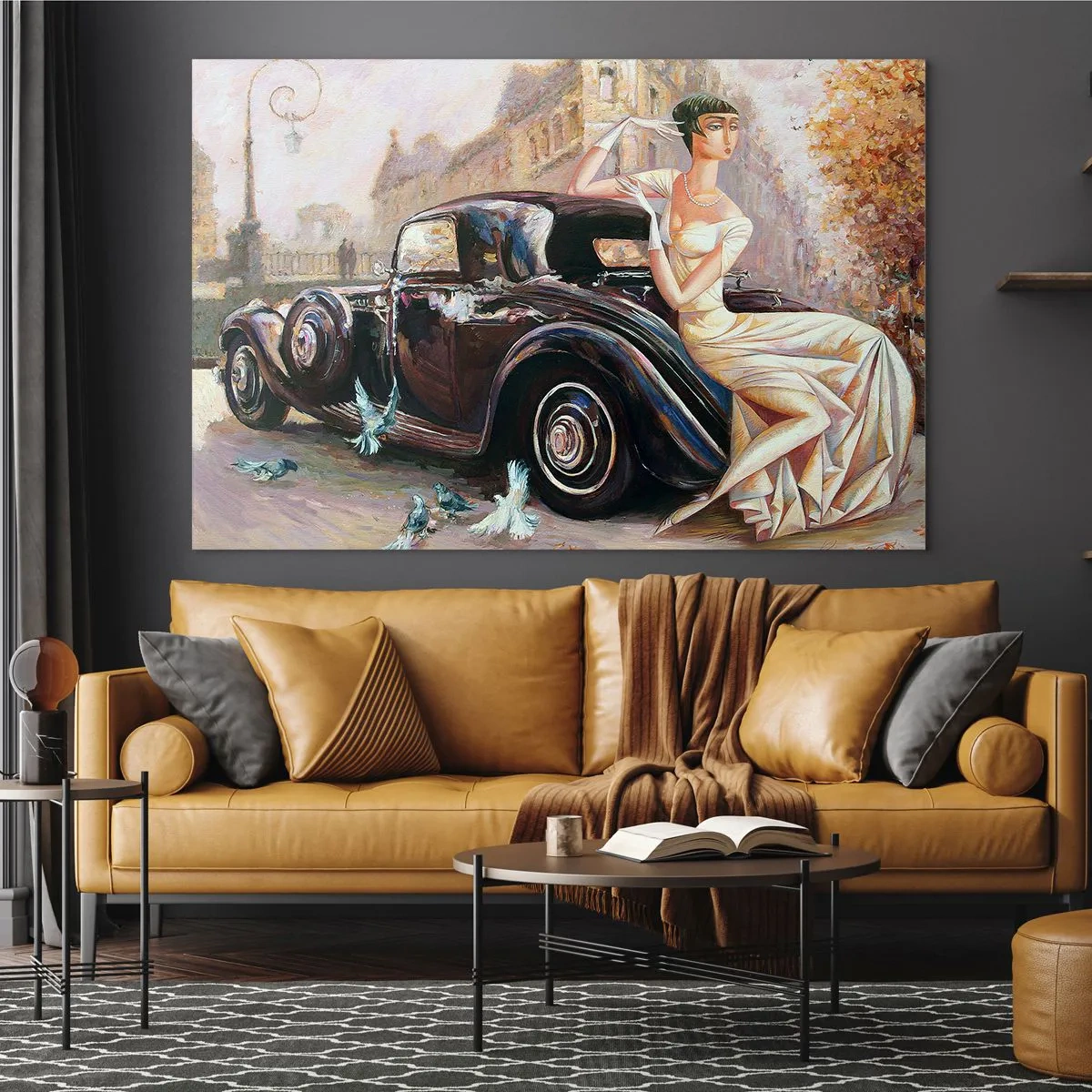 Cuadro sobre vidrio - Impresiones sobre Vidrio - Mujer elegante junto a un coche retro en un entorno urbano - 120x80cm - Elegancia retro - Decoración de pared moderna para salón y dormitorio ARTTOR