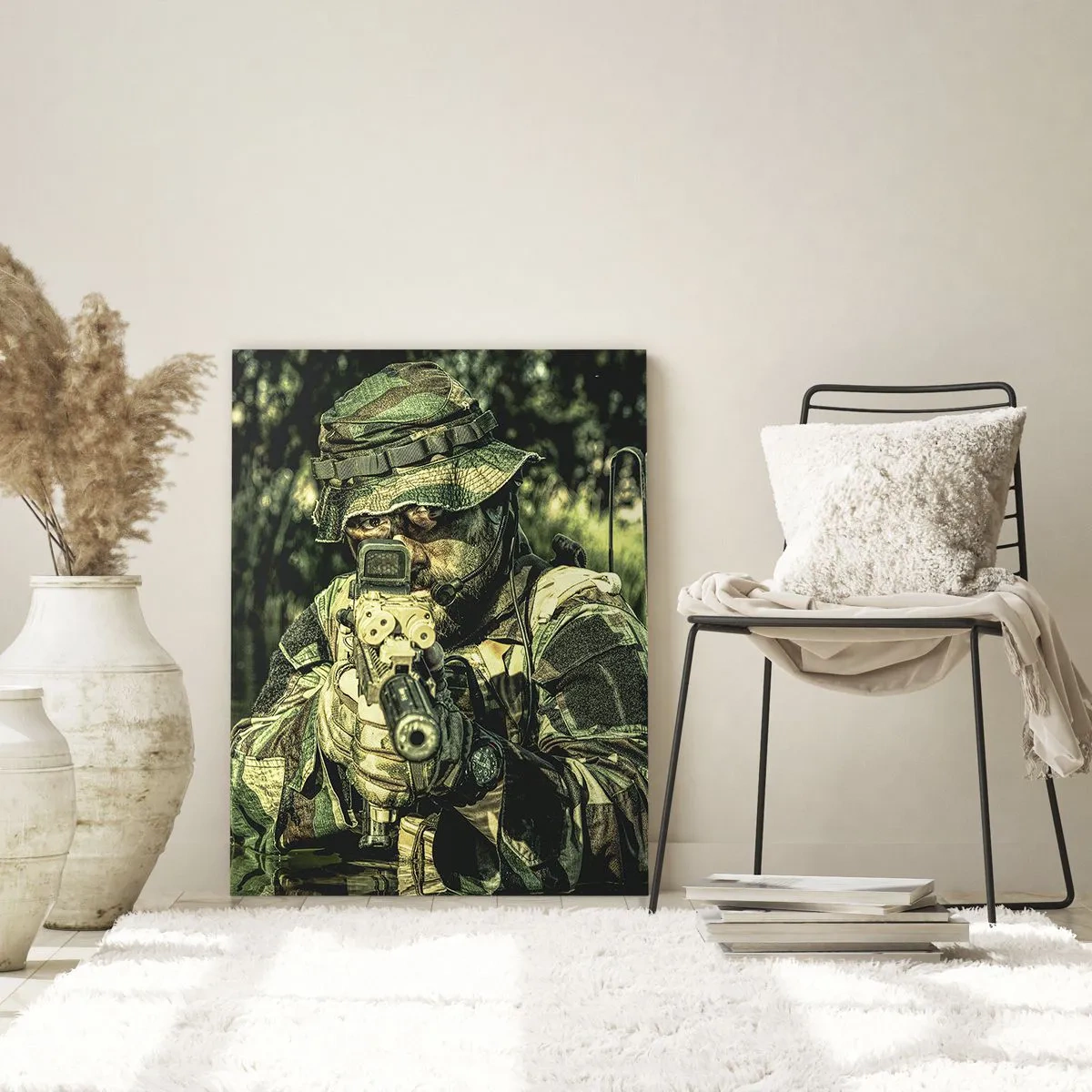 Cuadro sobre vidrio - Impresiones sobre Vidrio - Un soldado con camuflaje completo apunta a través de una visera en un entorno acuático. - 50x70cm - El mejor de entre la élite - Decoración de pared moderna para salón y dormitorio ARTTOR