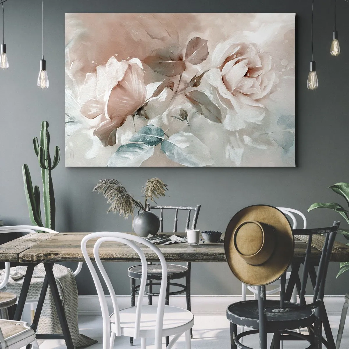 Cuadro sobre lienzo - Impresión de Imagen - Delicadas rosas en tonos pastel sobre un fondo claro. - 70x50cm - El espíritu del romanticismo - Decoración de pared moderna para salón y dormitorio ARTTOR