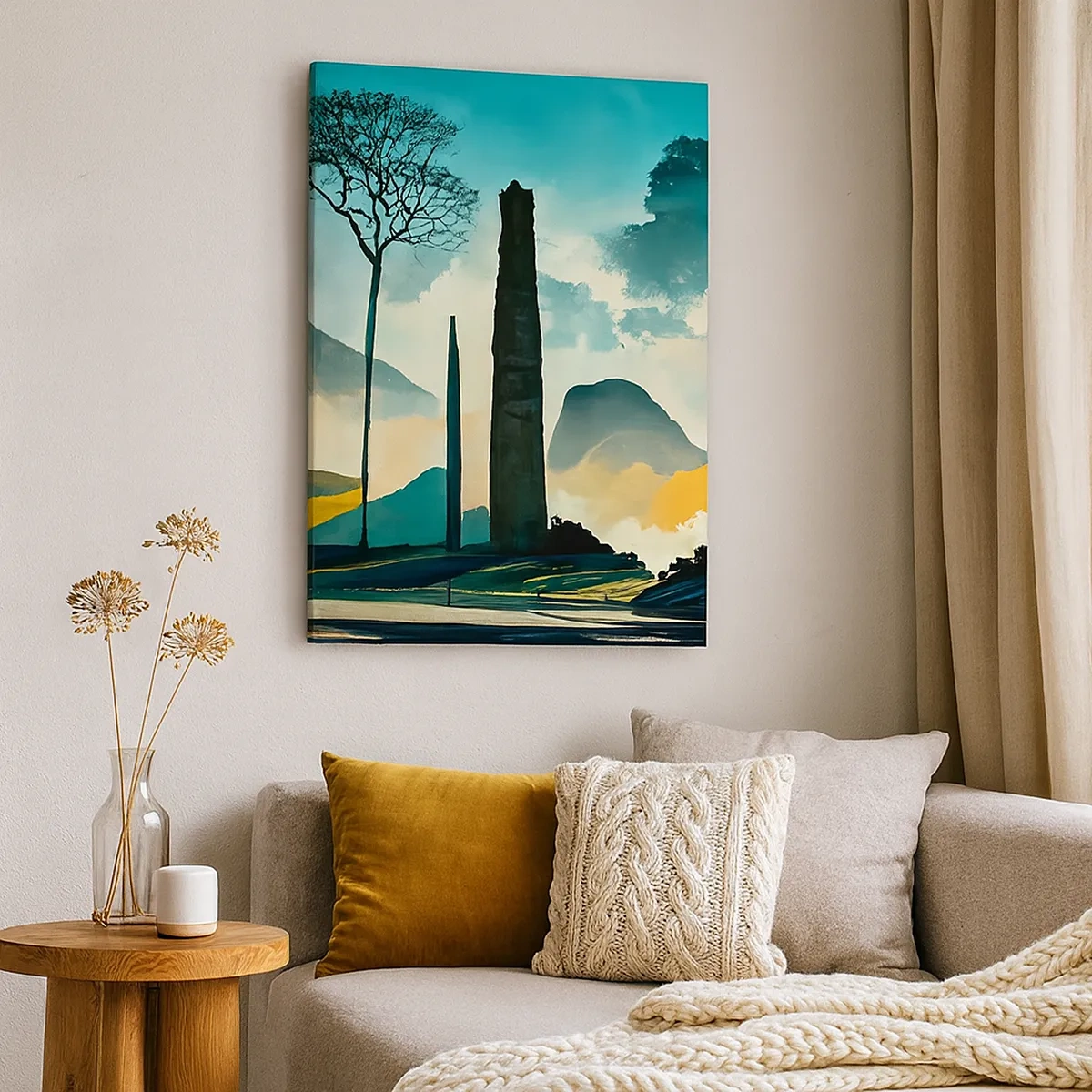 Cuadro sobre lienzo - Impresión de Imagen - Un paisaje pintoresco con árboles y montañas al fondo. - 50x70cm - Cada vez a más altitud - Decoración de pared moderna para salón y dormitorio ARTTOR