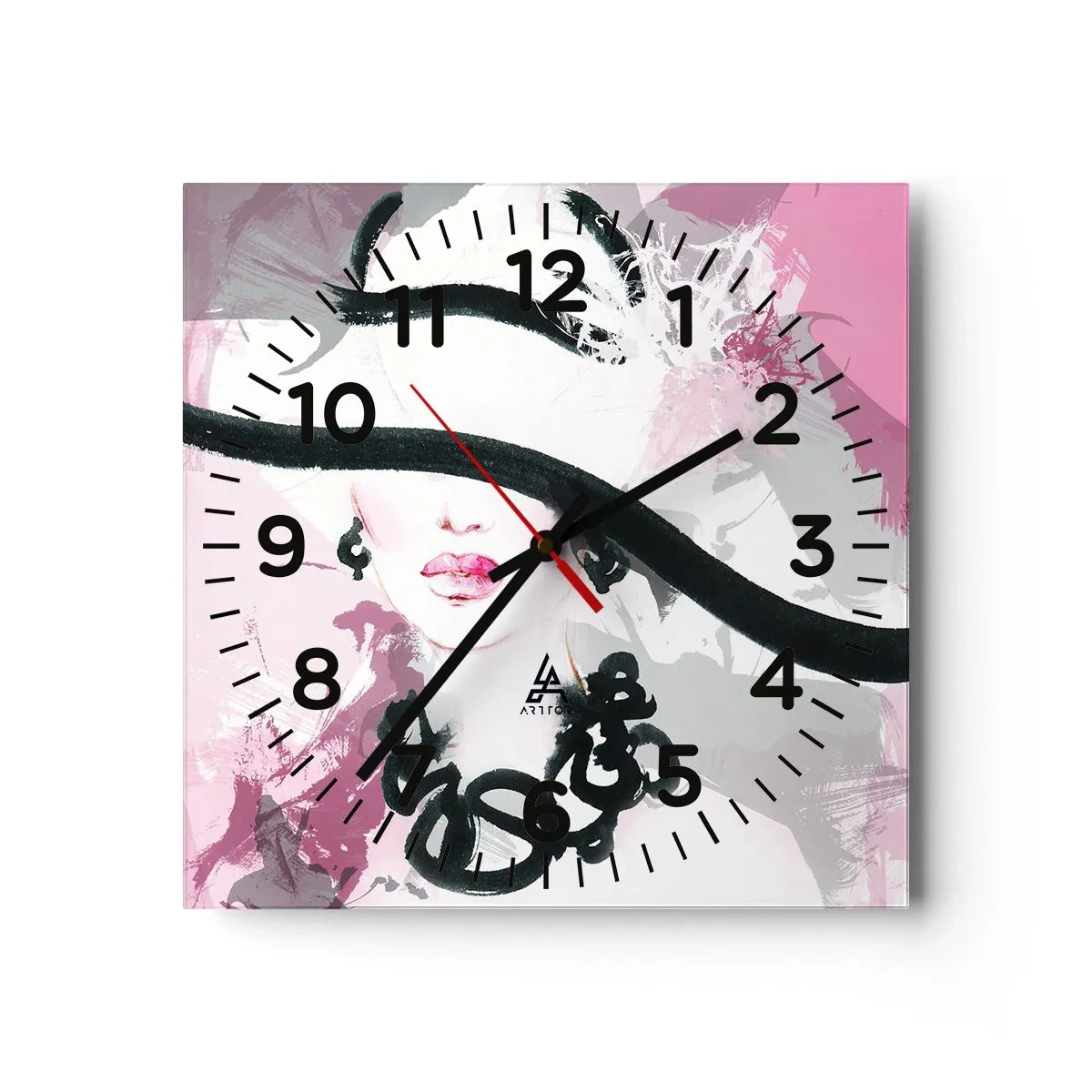 Reloj de pared - Reloj de vidrio - Retrato de una dama en negro y rosa - 40x40 cm