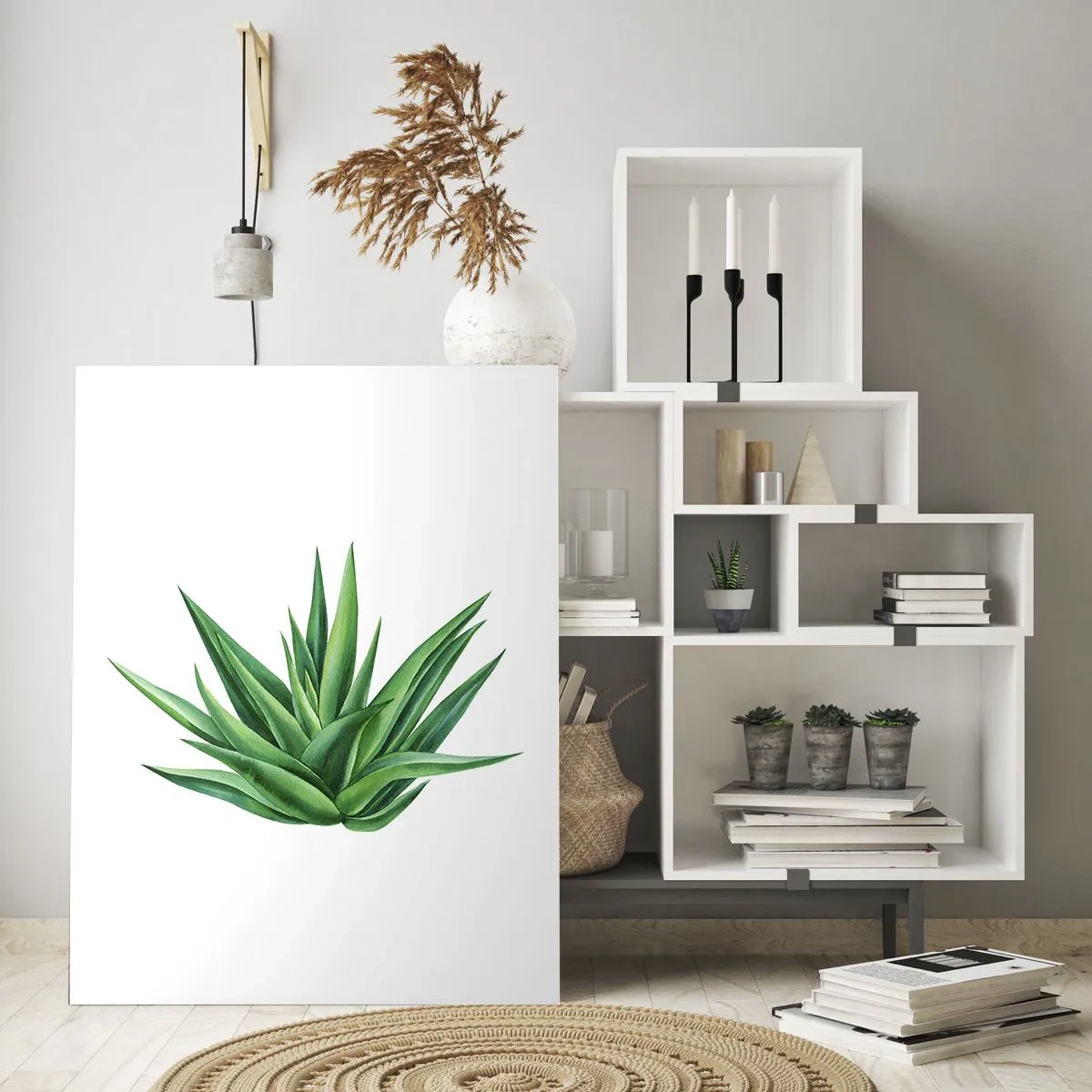 Cuadro sobre vidrio - Impresiones sobre Vidrio - Una planta verde con hojas carnosas sobre un fondo blanco. - 50x70cm - Verde - fuerza - vida - Decoración de pared moderna para salón y dormitorio ARTTOR