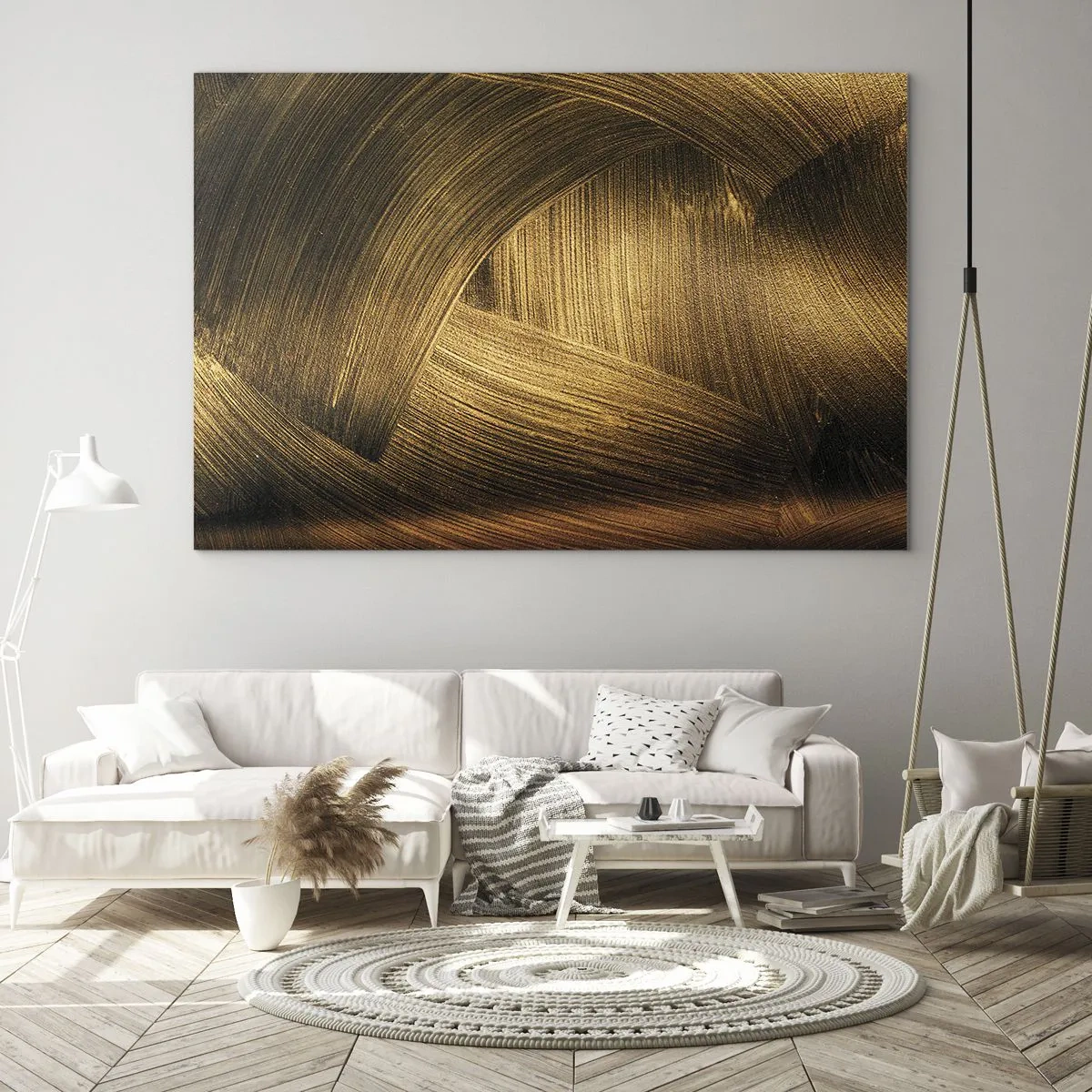 Cuadro sobre vidrio - Impresiones sobre Vidrio - Una pintura abstracta que representa líneas geométricas doradas sobre un fondo. - 70x50cm - En un laberinto de oro - Decoración de pared moderna para salón y dormitorio ARTTOR