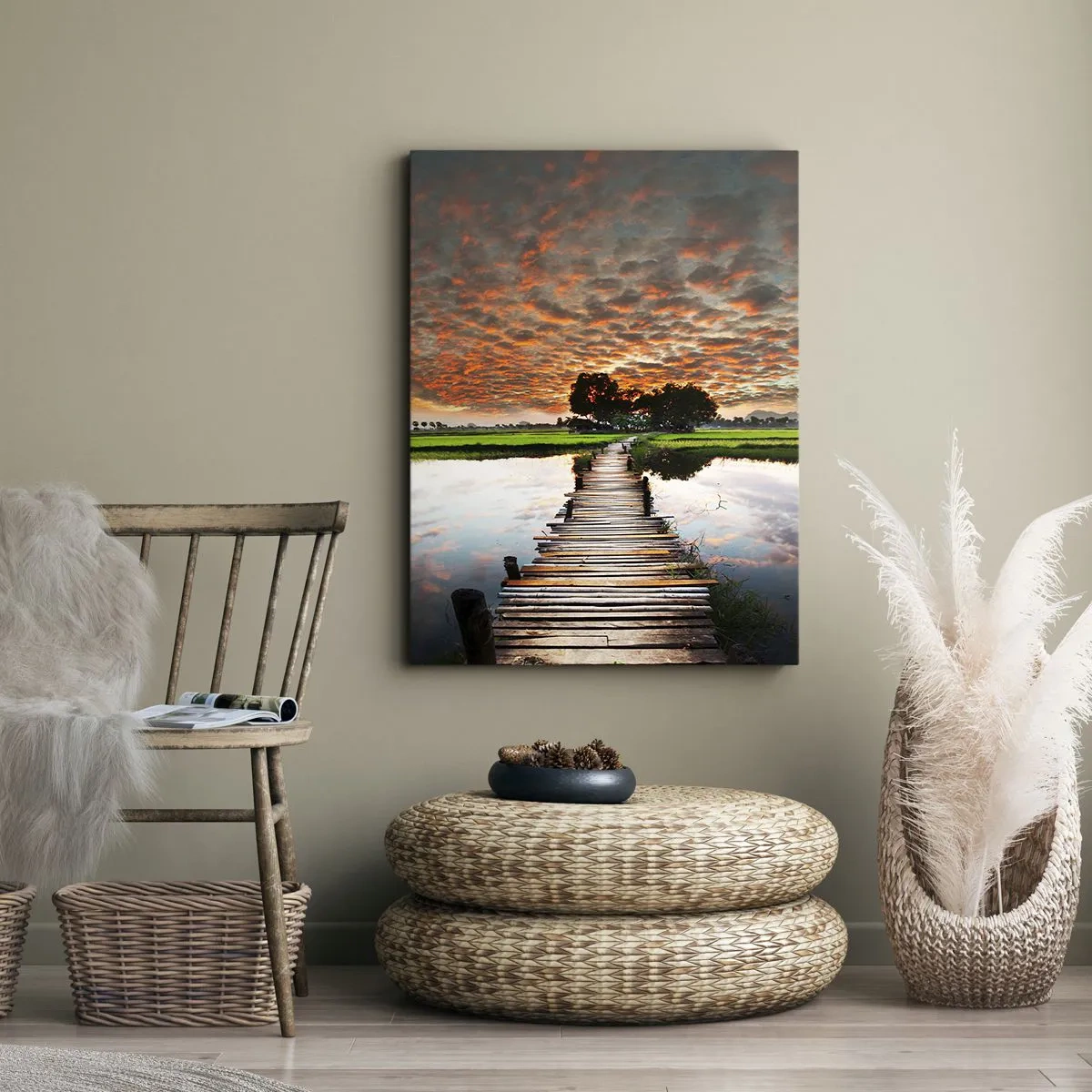 Cuadro sobre lienzo - Impresión de Imagen - Puente de madera sobre el agua al atardecer - 50x70cm - Extiende tus brazos - respira  - Decoración de pared moderna para salón y dormitorio ARTTOR