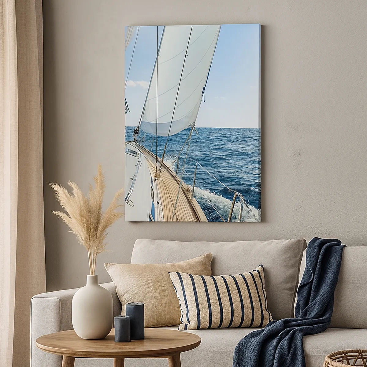 Cuadro sobre lienzo - Impresión de Imagen - Un velero en un mar tranquilo bajo un cielo azul. - 50x70cm - Ahoy, a la aventura - Decoración de pared moderna para salón y dormitorio ARTTOR