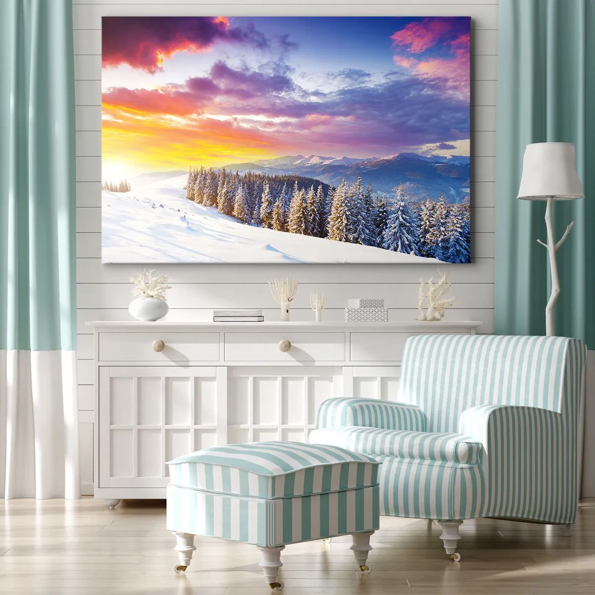Cuadro sobre lienzo - Impresión de Imagen - Paisaje invernal con montañas y bosque al atardecer - 70x50cm - Día blanco - Decoración de pared moderna para salón y dormitorio ARTTOR