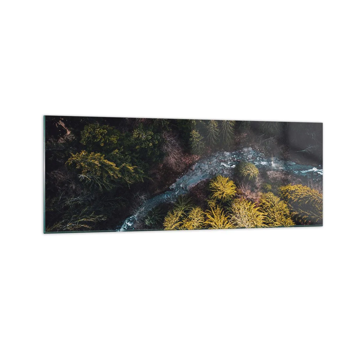 Cuadro sobre vidrio - Impresiones sobre Vidrio - Una vista desde arriba de un bosque con un río sinuoso. - 140x50cm - Rápido, cada vez más rápido - Decoración de pared moderna para salón y dormitorio ARTTOR
