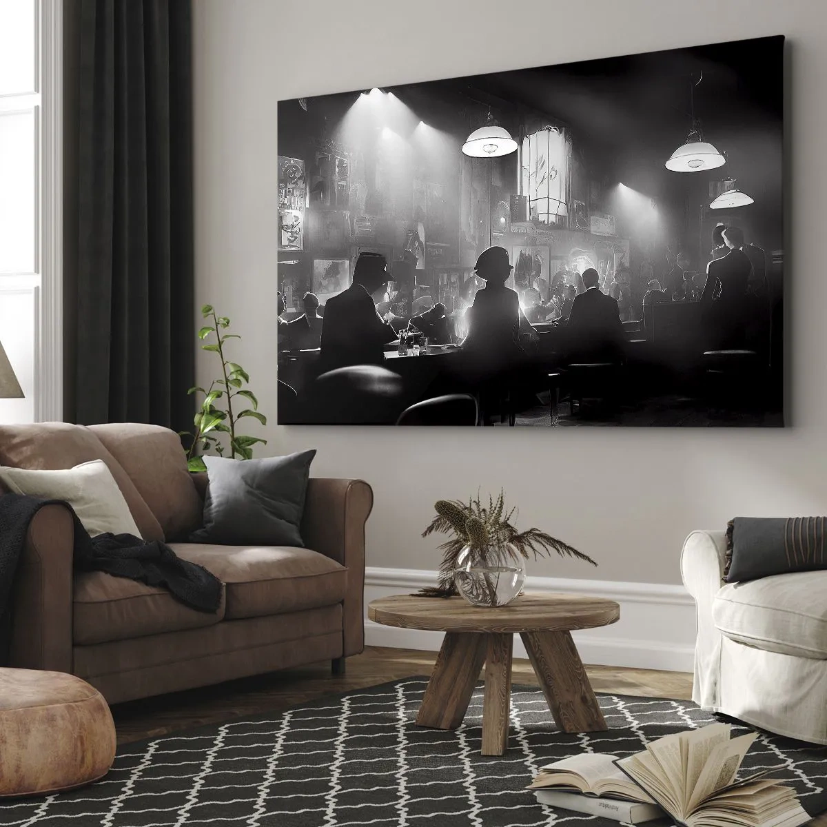 Cuadro sobre lienzo - Impresión de Imagen - Escena de clubes nocturnos de jazz en blanco y negro - 100x70cm - En clave de jazz - Decoración de pared moderna para salón y dormitorio ARTTOR
