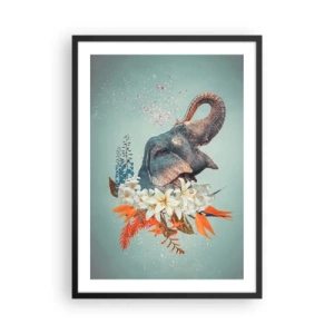 Póster en marco negro - Un elefante entre flores en una composición surrealista. - 50x70cm - Un grito de alegría - Decoración de pared moderna para salón y dormitorio ARTTOR