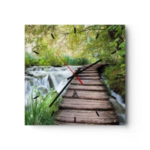 Reloj de pared - Reloj de vidrio - Un puente de madera sobre una cascada rodeado de un exuberante bosque verde. - 30x30cm - No es agua silenciosa en absoluto - Decoración de pared moderna para salón y dormitorio ARTTOR