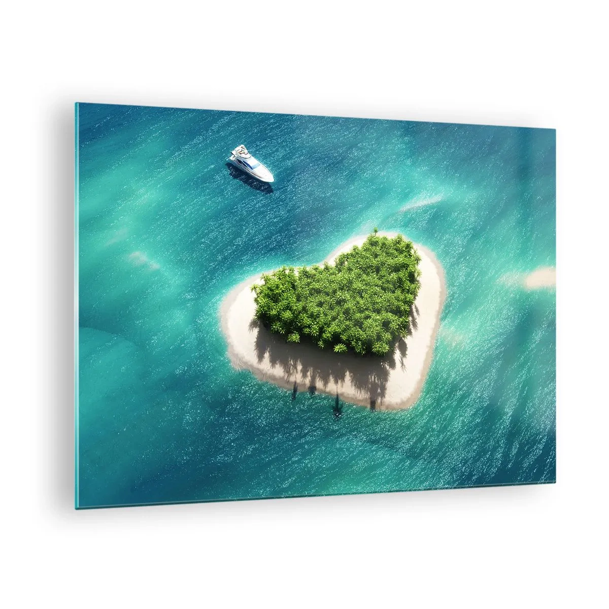 Cuadro sobre vidrio - Impresiones sobre Vidrio - Ilustración de una isla en forma de corazón con un barco contra un mar turquesa - 70x50cm - Me encanta el verano - Decoración de pared moderna para salón y dormitorio ARTTOR