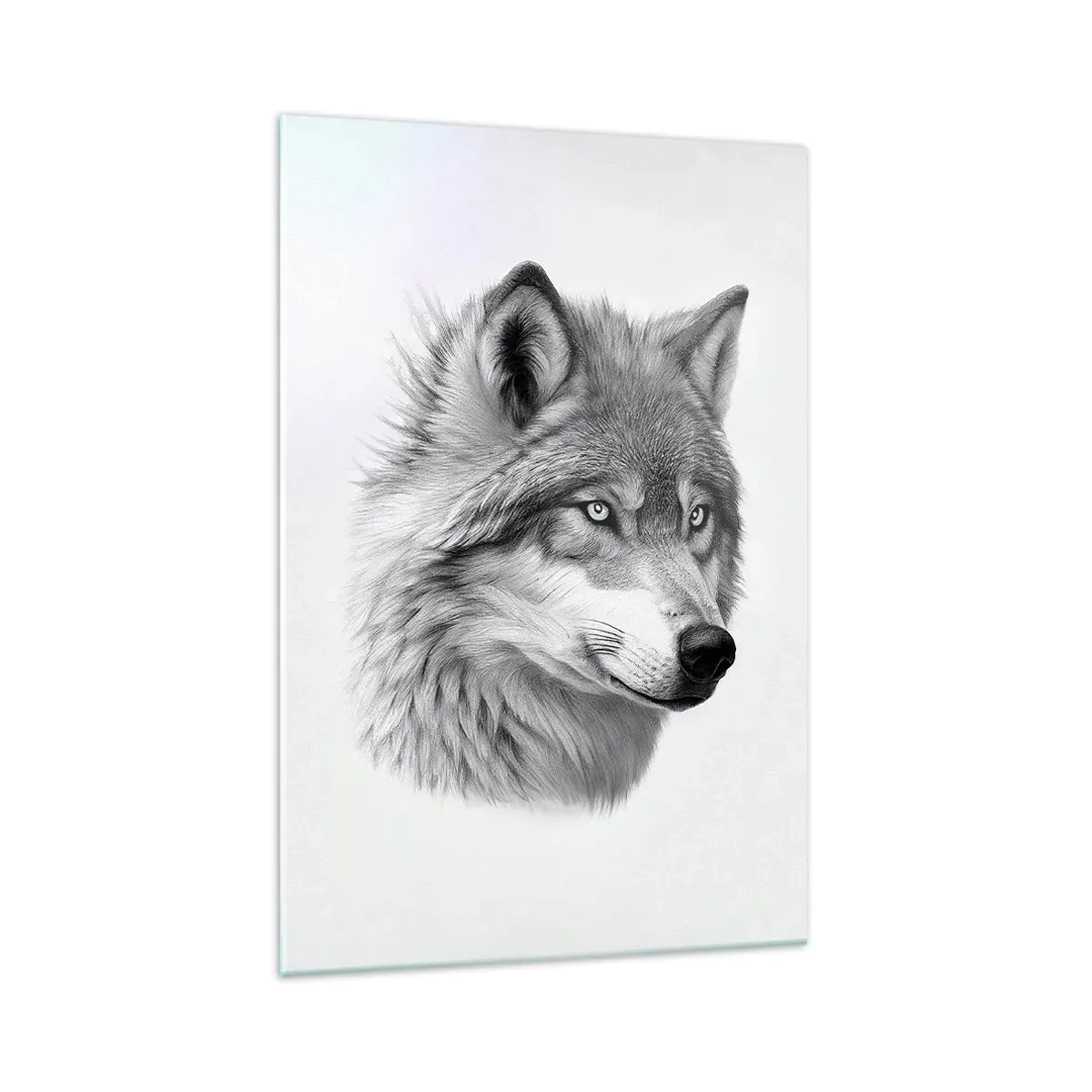 Cuadro sobre vidrio - Impresiones sobre Vidrio - Un retrato realista de un lobo en tonos de gris. - 70x100cm - Alfa - sin duda - Decoración de pared moderna para salón y dormitorio ARTTOR