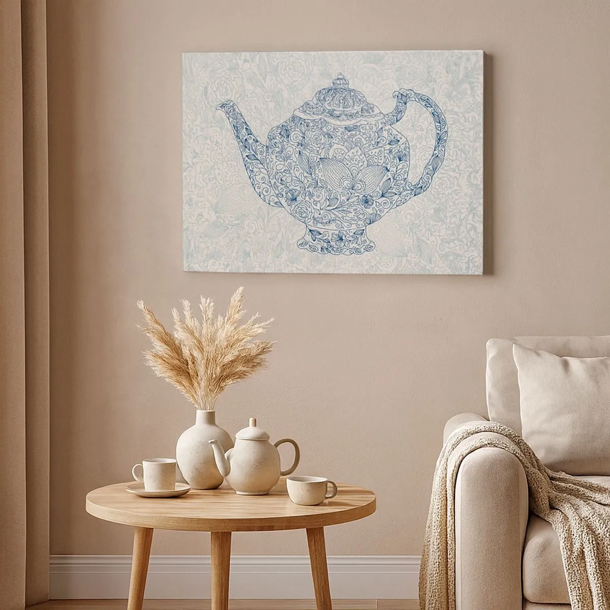 Cuadro sobre lienzo - Impresión de Imagen - Dibujo decorativo de una tetera con adornos azules. - 70x50cm - El encanto del té - Decoración de pared moderna para salón y dormitorio ARTTOR