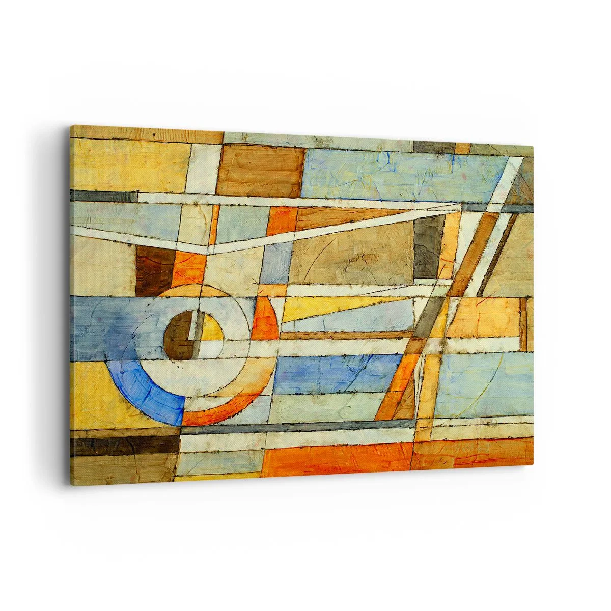 Cuadro sobre lienzo - Impresión de Imagen - Abstracción geométrica en tonos beige, azul y naranja. - 120x80cm - Cubismo en una obra - Decoración de pared moderna para salón y dormitorio ARTTOR