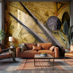 Fotomural Premium Sand - Mapa del mundo antiguo con brújula y compás sobre fondo dorado. - 100x70cm - ¿Dónde están los tesoros? - Decoración de pared moderna para salón y dormitorio ARTTOR
