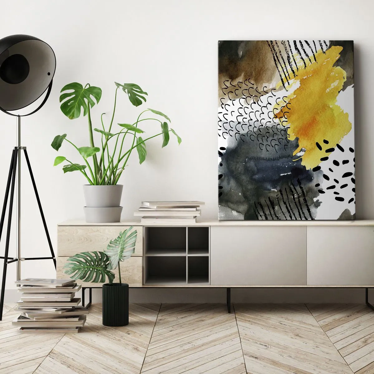 Cuadro sobre lienzo - Impresión de Imagen - Una composición abstracta con acentos amarillos y patrones gráficos. - 50x70cm - Reunión de los elementos - Decoración de pared moderna para salón y dormitorio ARTTOR