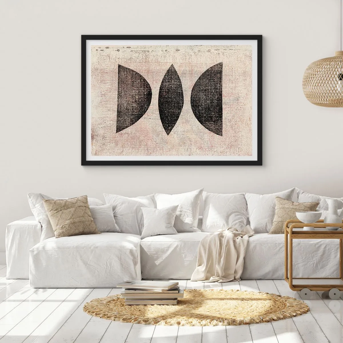 Póster en marco negro - Formas étnicas en tonos oscuros sobre un fondo claro. - 70x50cm - Abstracción étnica - Decoración de pared moderna para salón y dormitorio ARTTOR