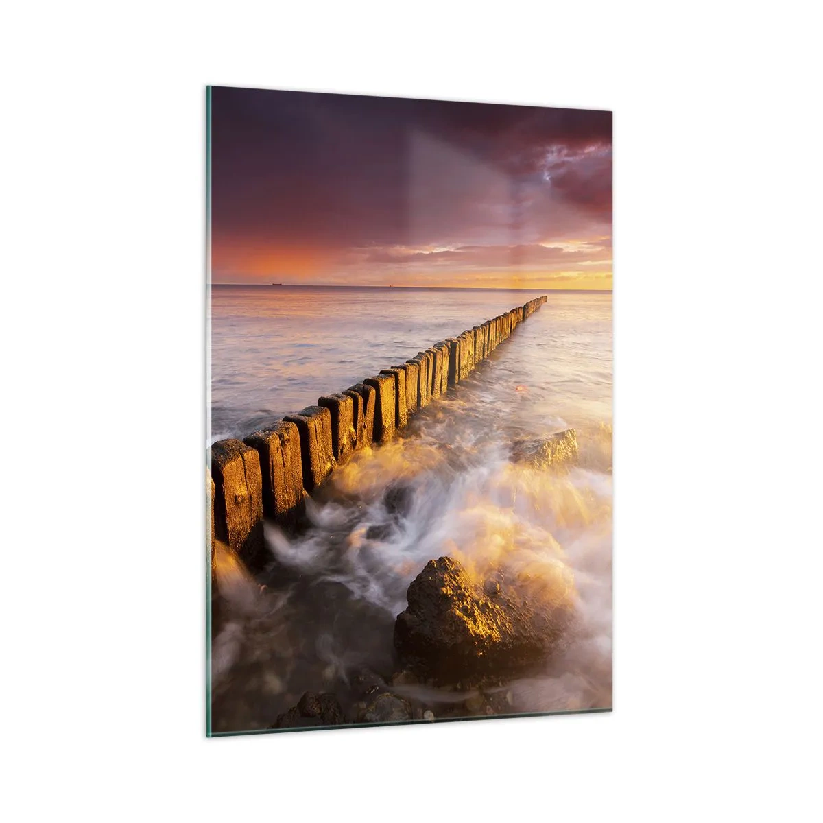 Cuadro sobre vidrio - Impresiones sobre Vidrio - Puesta de sol sobre el mar con un rompeolas de madera - 50x70cm - La dulzura de las olas - Decoración de pared moderna para salón y dormitorio ARTTOR