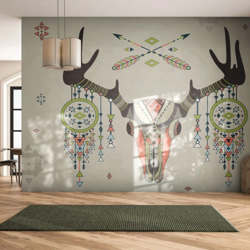 Fotomural Premium Sand - Motivo étnico de calavera de ciervo con atrapasueños - 100x70cm - Trofeo de cazador indio - Decoración de pared moderna para salón y dormitorio ARTTOR