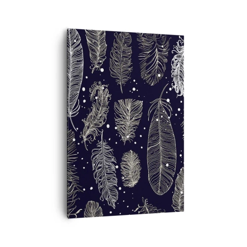 Cuadro sobre lienzo - Impresión de Imagen - Delicadas plumas blancas sobre un fondo azul marino. - 70x100cm - Encaje de plumas - Decoración de pared moderna para salón y dormitorio ARTTOR