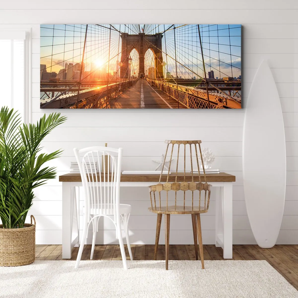 Cuadro sobre lienzo - Impresión de Imagen - El puente a la luz del sol poniente con vistas a la ciudad. - 140x50cm - En el puente dorado - Decoración de pared moderna para salón y dormitorio ARTTOR