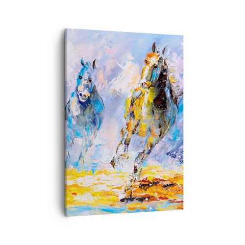 Cuadro sobre lienzo - Impresión de Imagen - Dos caballos en movimiento con el telón de fondo de un paisaje abstracto. - 50x70cm - Galopando a través del resplandor - Decoración de pared moderna para salón y dormitorio ARTTOR