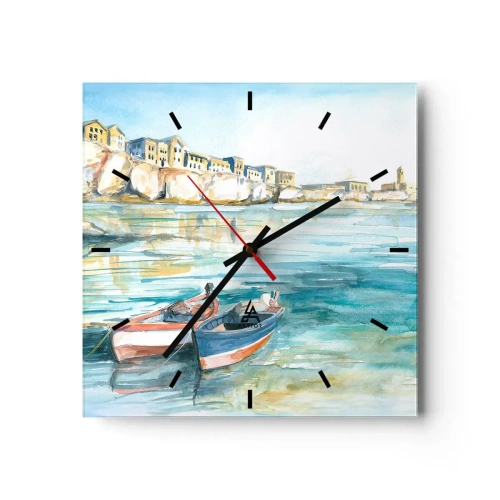 Reloj de pared - Reloj de vidrio - Un pintoresco paisaje costero con barcos en el agua. - 30x30cm - Paisaje en azul - Decoración de pared moderna para salón y dormitorio ARTTOR