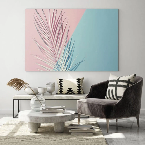 Cuadro sobre vidrio - Impresiones sobre Vidrio - Una hoja de palma sobre un fondo pastel en una composición geométrica. - 70x50cm - Impresión tropical - Decoración de pared moderna para salón y dormitorio ARTTOR
