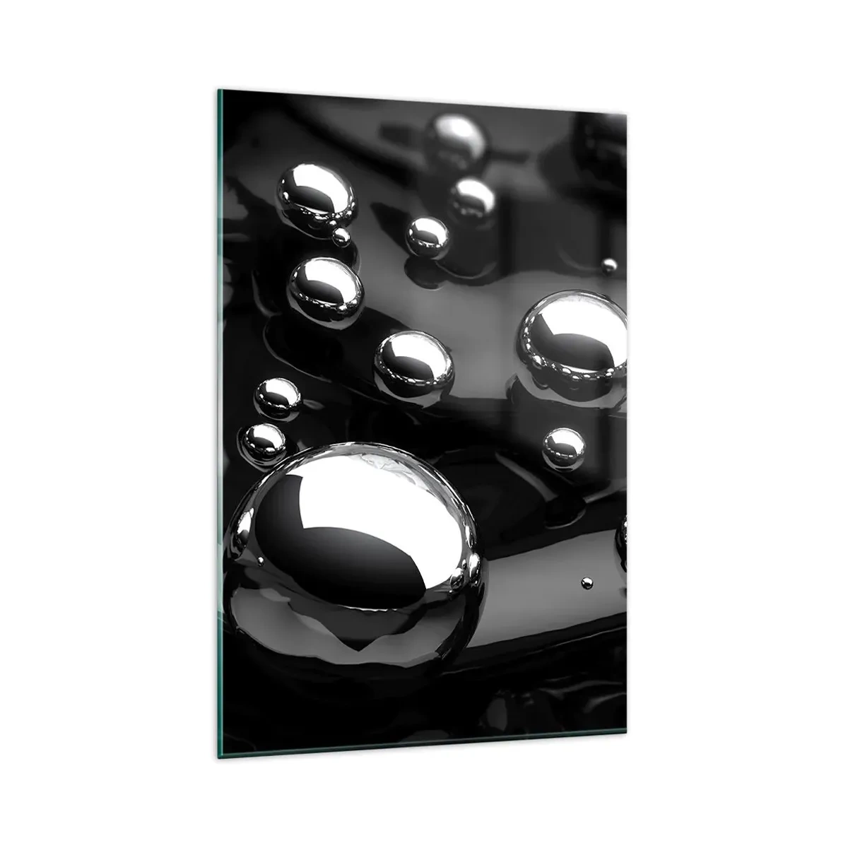 Cuadro sobre vidrio - Impresiones sobre Vidrio - Gotas abstractas sobre una superficie negra - 80x120cm - De las negras profundidades - Decoración de pared moderna para salón y dormitorio ARTTOR