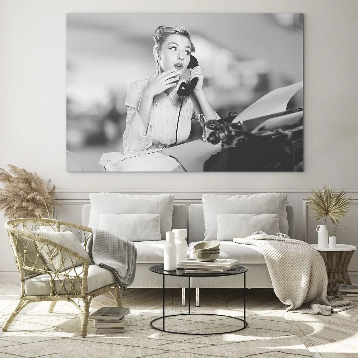 Cuadro sobre vidrio - Impresiones sobre Vidrio - Hola, aquí son los años 50. - 120x80cm - ¿Diga?, estamos en los años 50. - Decoración de pared moderna para salón y dormitorio ARTTOR