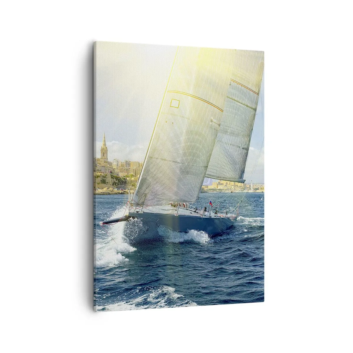 Cuadro sobre lienzo - Impresión de Imagen - Regata con el telón de fondo de una costa soleada - 50x70cm - Hora de abandonar la ciudad - Decoración de pared moderna para salón y dormitorio ARTTOR