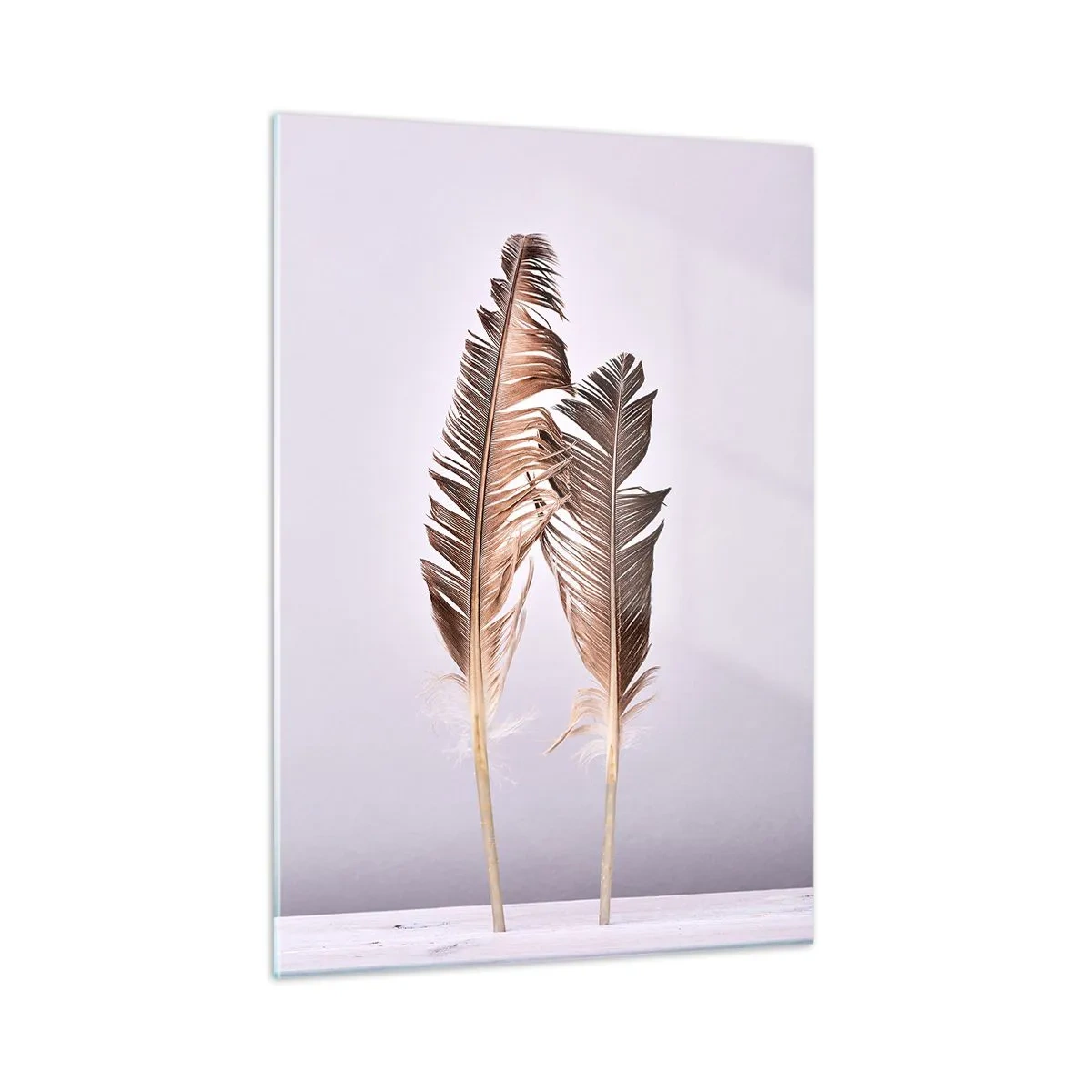 Cuadro sobre vidrio - Impresiones sobre Vidrio - Dos delicadas plumas sobre un fondo claro. - 50x70cm - Contra la nada - Decoración de pared moderna para salón y dormitorio ARTTOR