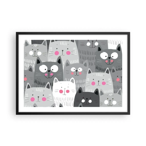 Póster en marco negro - Un patrón divertido con gatos en tonos grises. - 70x50cm - El mundo de los gatos - Decoración de pared moderna para salón y dormitorio ARTTOR