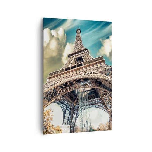 Cuadro sobre lienzo - Impresión de Imagen - La Torre Eiffel desde abajo en un entorno otoñal - 80x120cm - Y en París, en otoño... - Decoración de pared moderna para salón y dormitorio ARTTOR