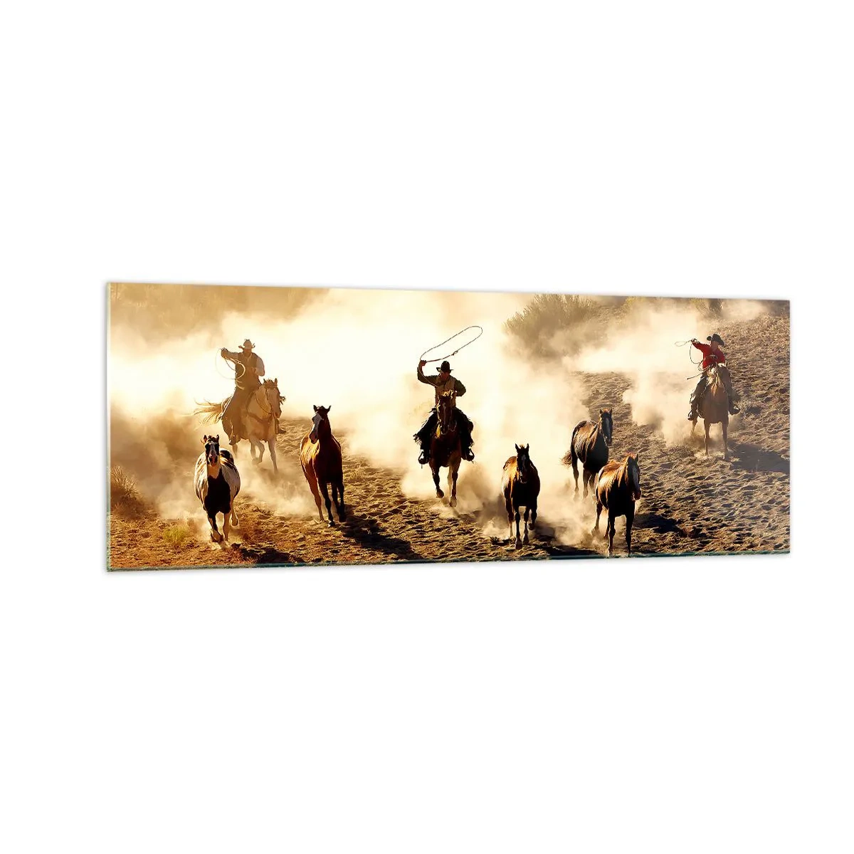 Cuadro sobre vidrio - Impresiones sobre Vidrio - Vaqueros a caballo en acción en el terreno desértico. - 140x50cm - El salvaje oeste - Decoración de pared moderna para salón y dormitorio ARTTOR
