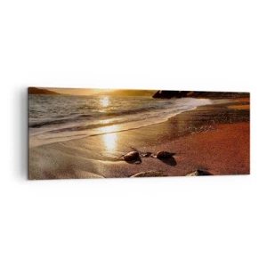 Cuadro sobre lienzo - Impresión de Imagen - Playa al atardecer con piedras en la orilla - 140x50cm - Sigue el sol hacia las colinas - Decoración de pared moderna para salón y dormitorio ARTTOR