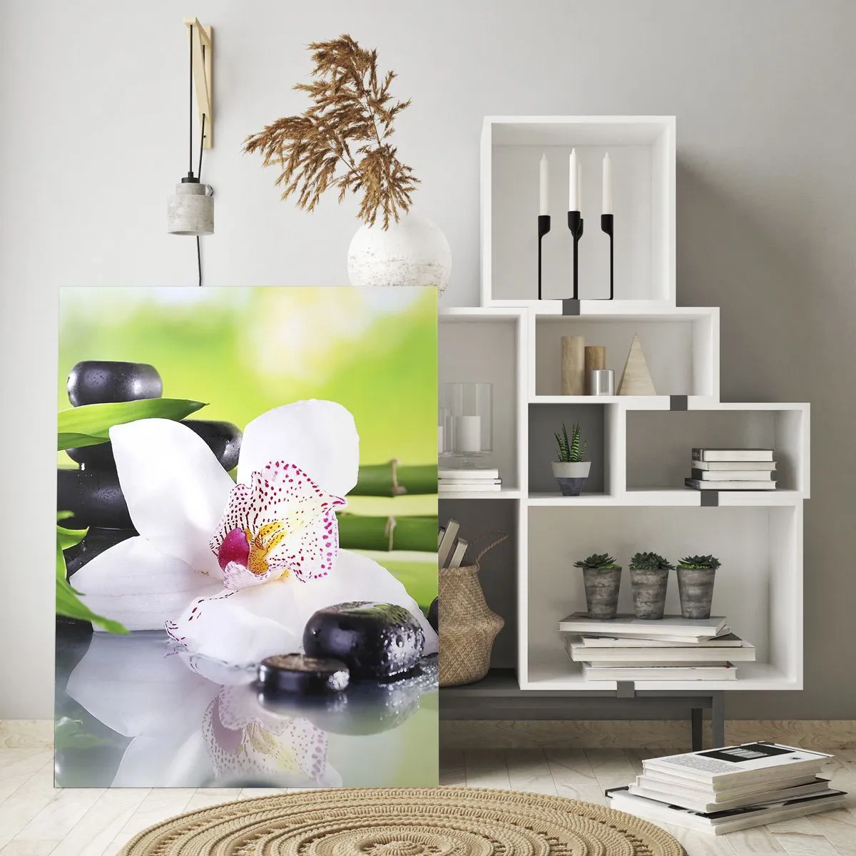 Cuadro sobre vidrio - Impresiones sobre Vidrio - Orquídea, bambú y piedras negras sobre un fondo verde. - 50x70cm - Frescura - Decoración de pared moderna para salón y dormitorio ARTTOR