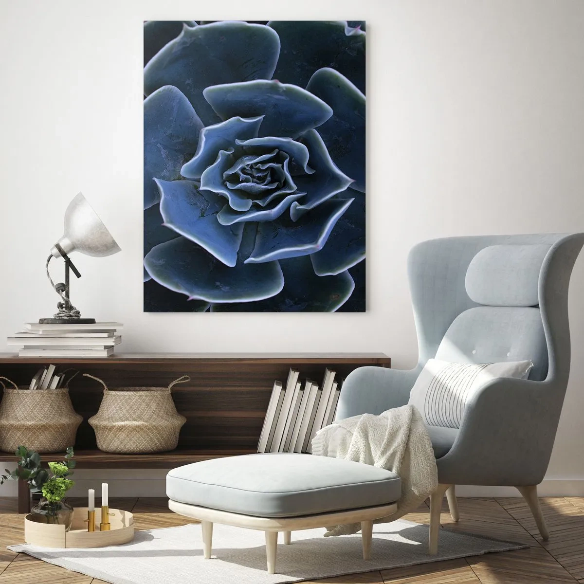 Cuadro sobre vidrio - Impresiones sobre Vidrio - Primer plano de una roseta suculenta verde - 70x100cm - Flor del desierto - Decoración de pared moderna para salón y dormitorio ARTTOR