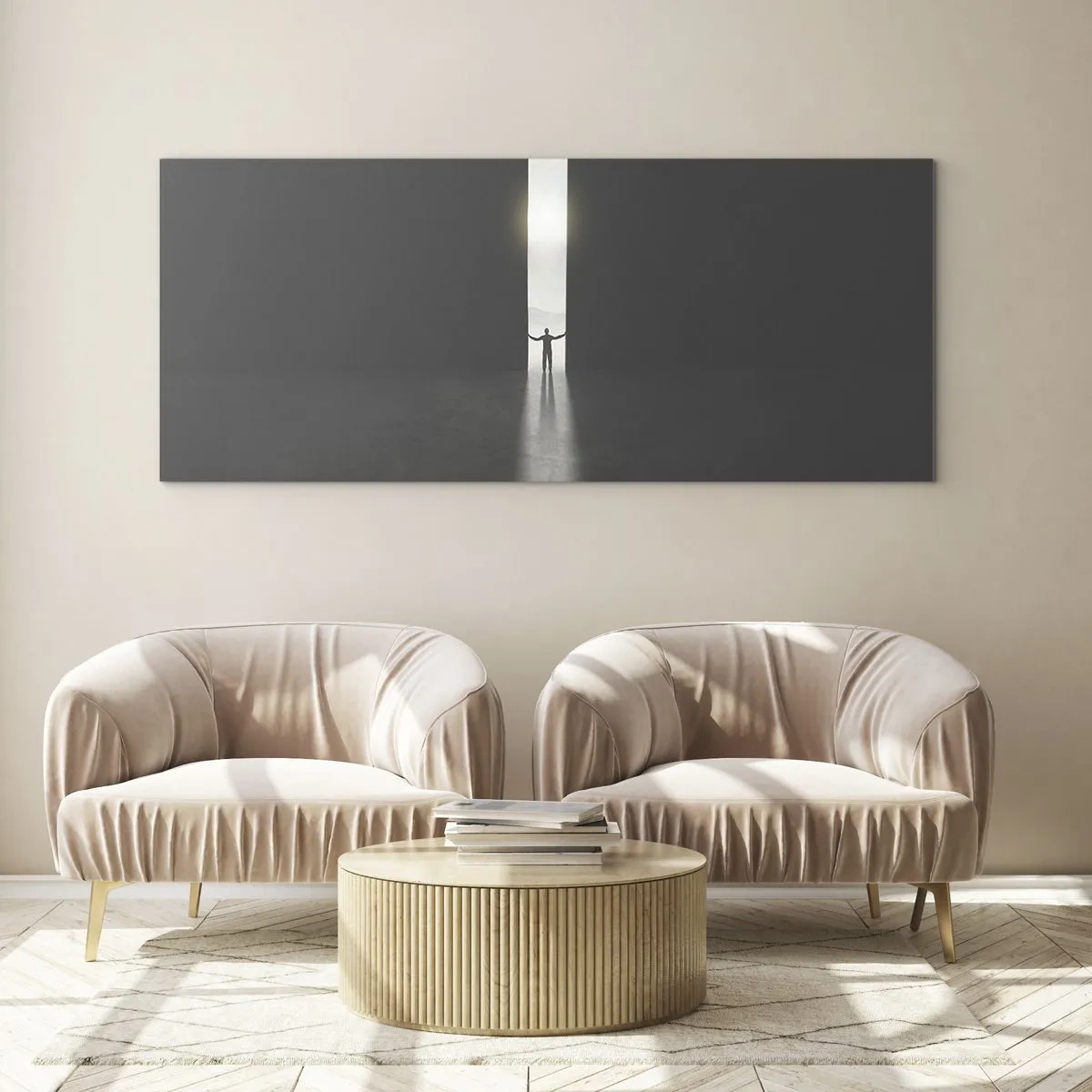 Cuadro sobre vidrio - Impresiones sobre Vidrio - Un hombre de pie a la luz de una estrecha rendija en un espacio oscuro. - 140x50cm - Un paso hacia un futuro brillante - Decoración de pared moderna para salón y dormitorio ARTTOR