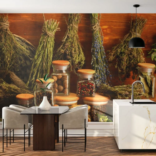 Fotomural Premium Canvas - Hierbas y especias en frascos sobre un fondo rústico. - 100x70cm - La magia de la cocina - Decoración de pared moderna para salón y dormitorio ARTTOR