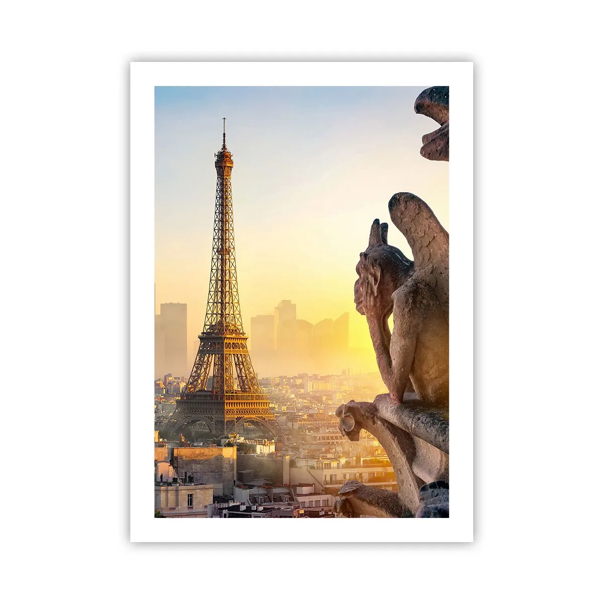 Póster - Una vista de la Torre Eiffel al amanecer con una perspectiva de las gárgolas de piedra. - 50x70cm - Ha cambiado tanto la ciudad... - Decoración de pared moderna para salón y dormitorio ARTTOR
