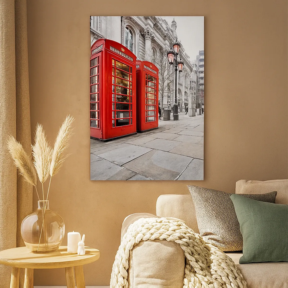 Cuadro sobre lienzo - Impresión de Imagen - Cabinas telefónicas rojas con el paisaje urbano como telón de fondo - 50x70cm - Bienvenido a Londres - Decoración de pared moderna para salón y dormitorio ARTTOR