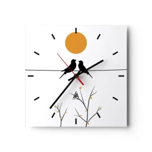 Reloj de pared - Reloj de vidrio - Pájaros en una línea con un sol amarillo. - 30x30cm - Noche de ruiseñores - Decoración de pared moderna para salón y dormitorio ARTTOR